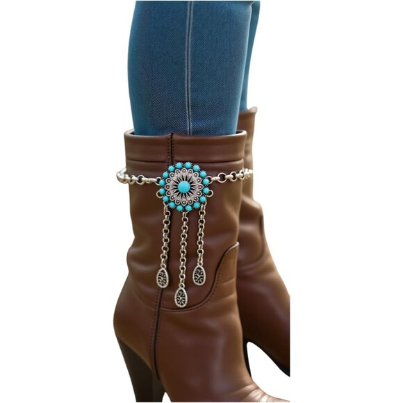 Women’s Western Boot Bracelet Silver Chain Turquoise Flower Charm Adjustable Jew - Picture 6 of 9